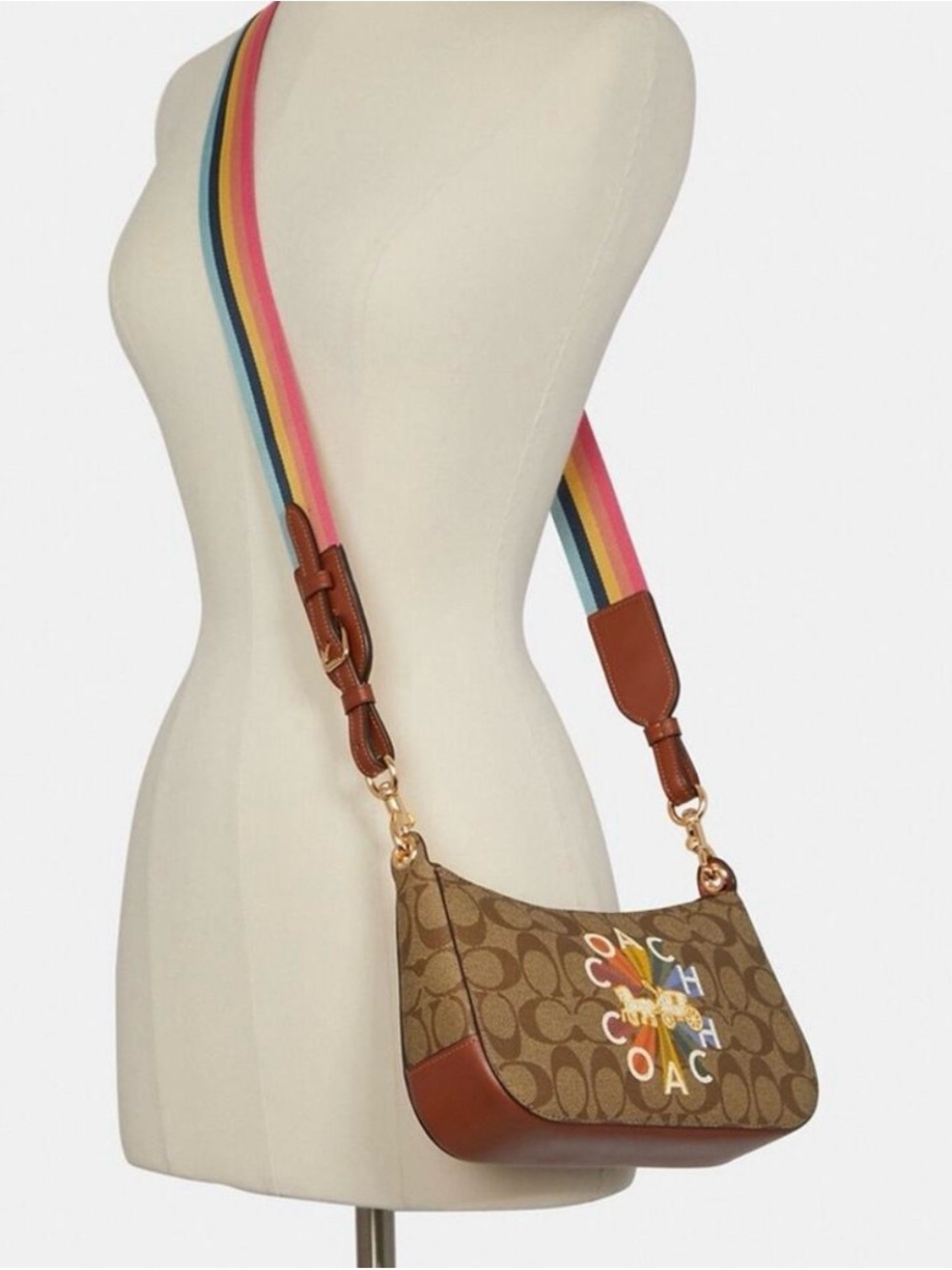 Coach Monogram Crossbody with Rainbow Web Strap and Brown Leather Trim